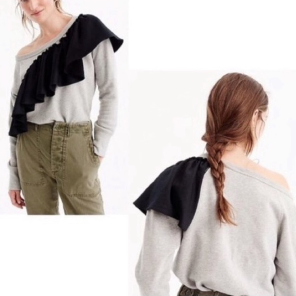 J Crew Asymmetrical Ruffle Gray Top